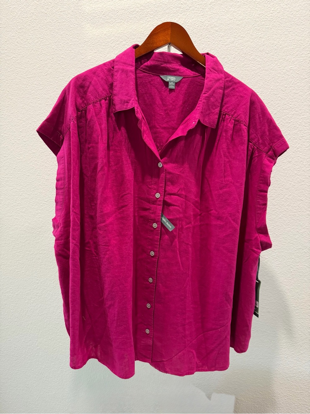 NWT Terra & Sky 4X 28W 30W Linen Blend Camp Shirt Button Up Dark Azalea Pink